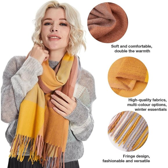 Women Pink-yellow Winter Warm Shawl Wraps Tartan Blanket Oversized Scarves - Picture 4 of 5